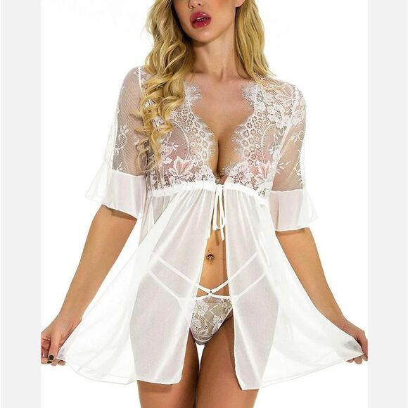 Women's Sexy Lingerie Babydoll Lace Chemise Sheer Mesh Open Front Sleepwear Set - Picture 5 of 6